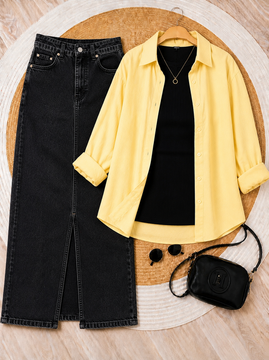 SUMMER TRIO PACK ( BUTTER YELLOW BUTTON DOWN SHIRT WITH BLACK INNER AND MALAYSIAN BLACK DENIM SKIRT)