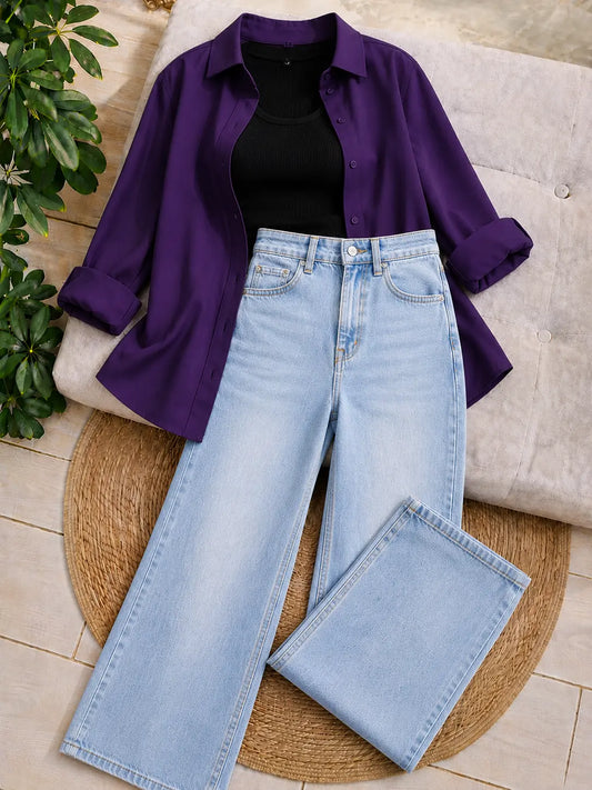 (TRIO PACK) DARK PURPLE BUTTON DOWN SHIRT WITH BLACK INNER AND ICE BLUE FADED WIDE LEG JEANS