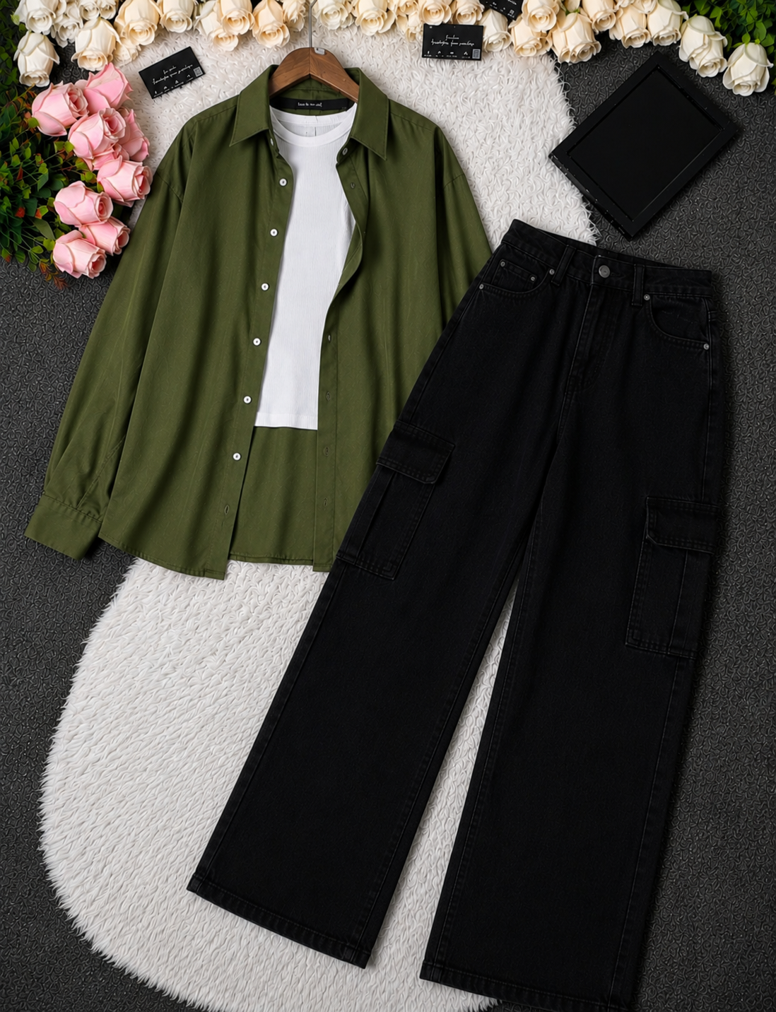 SUMMER TRIO PACK ( OLIVE GREEN BUTTON DOWN SHIRT WITH WHITE INNER AND JET BLACK CARGO DENIM)