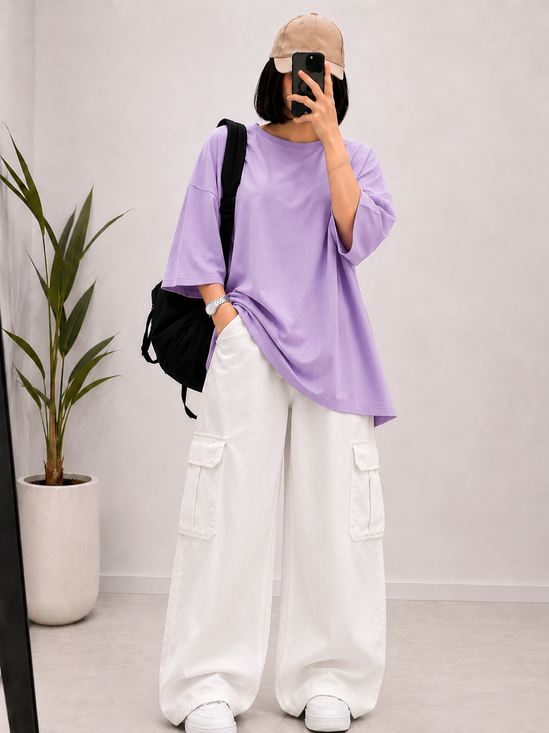 DUO PACK ( LILAC BAGGY TEE  WITH WHITE CARGO WIDE LEG JEANS )