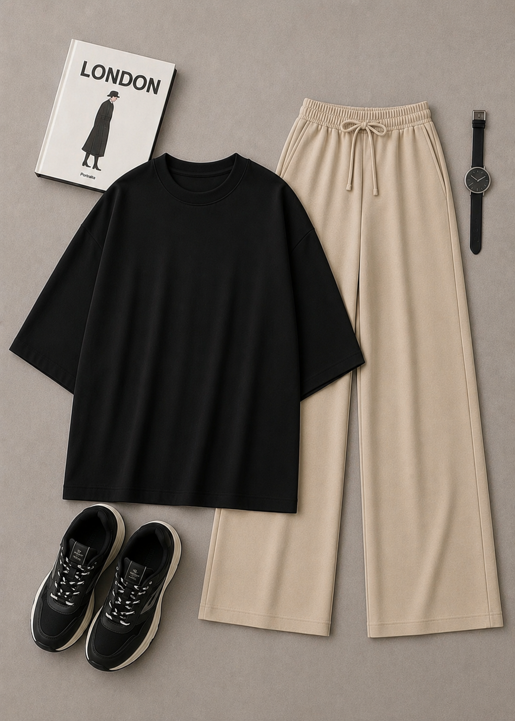 DUO PACK (BLACK TEE BAGGY TEE WITH BEIGE FLAPPER TROUSER )