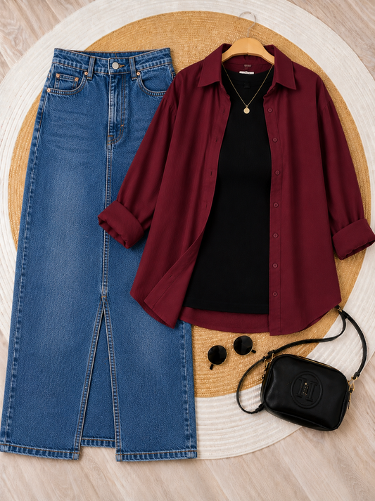 SUMMER TRIO PACK ( MAROON BUTTON DOWN SHIRT WITH BLACK INNER AND MID BLUE DENIM SKIRT )