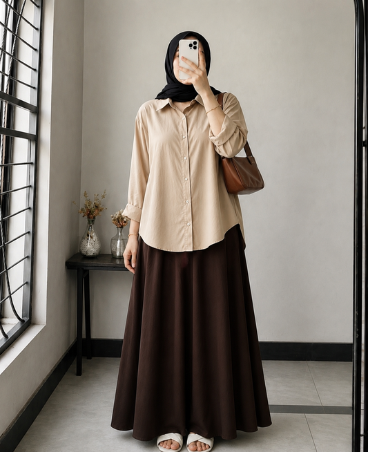 DUO PACK ( BEIGE BUTTON DOWN SHIRT WITH DARK BROWN MAXI SKIRT )