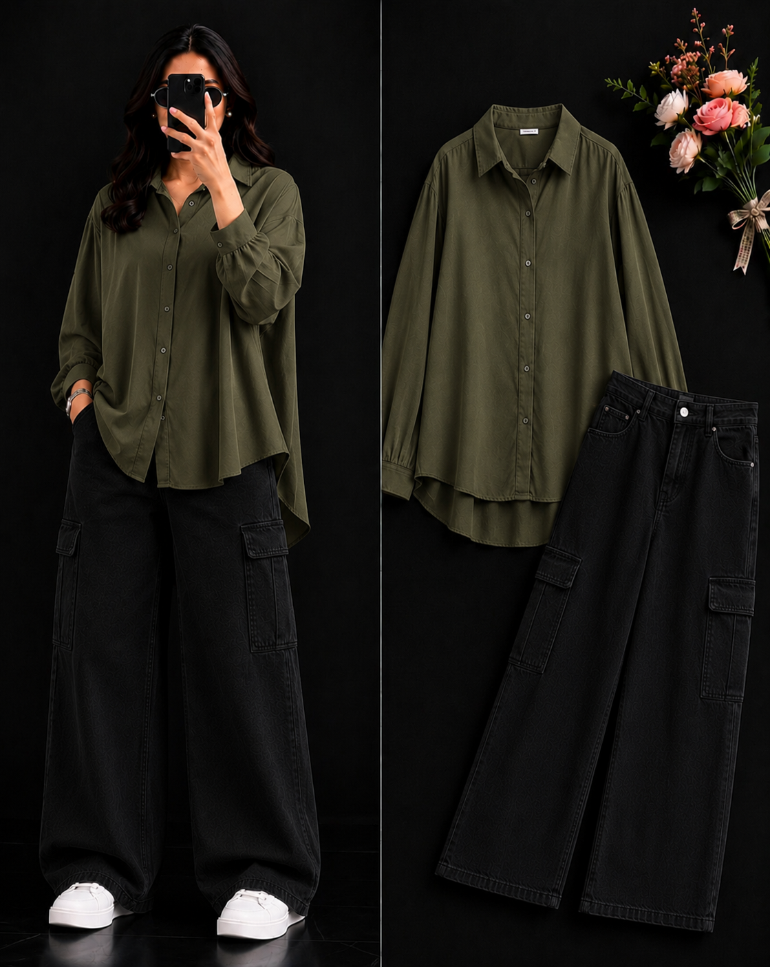 DUO PACK ( OLIVE GREEN BUTTON DOWN SHIRT WITH BLACK WIDE LEG CARGO DENIM )