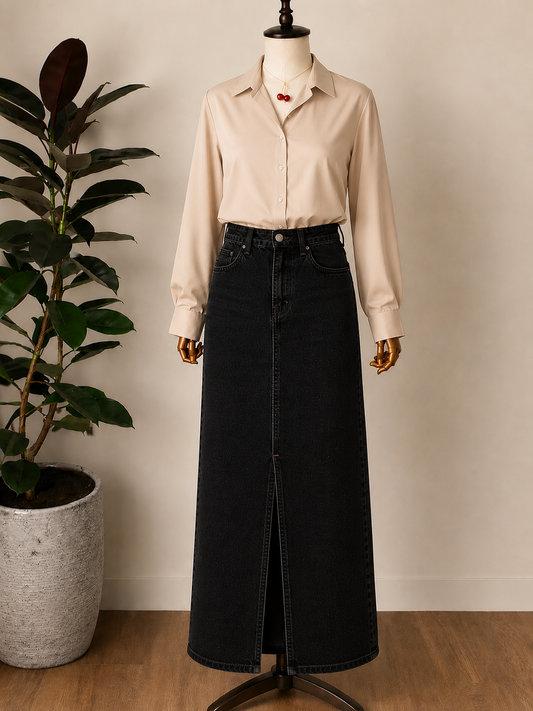 DUO PACK ( BEIGE BUTTON DOWN SHIRT WITH BLACK DENIM SKIRT )