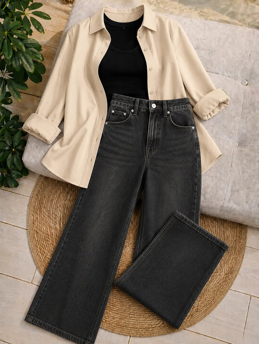 (TRIO PACK) BEIGE BUTTON DOWN SHIRT WITH BLACK INNER AND CHARCOL GREY WIDE LEG JEANS