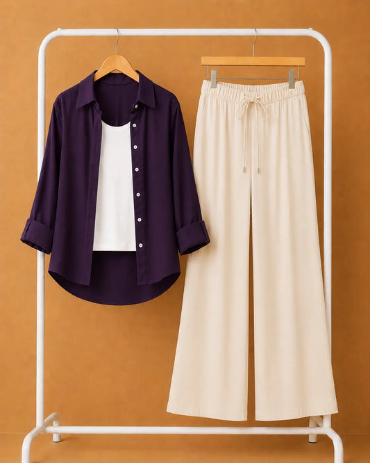 TRIO PACK ( DARK PURPLE BUTTON DOWN SHIRT WITH WHITE INNER AND BEIGE FLAPPER TROUSER)