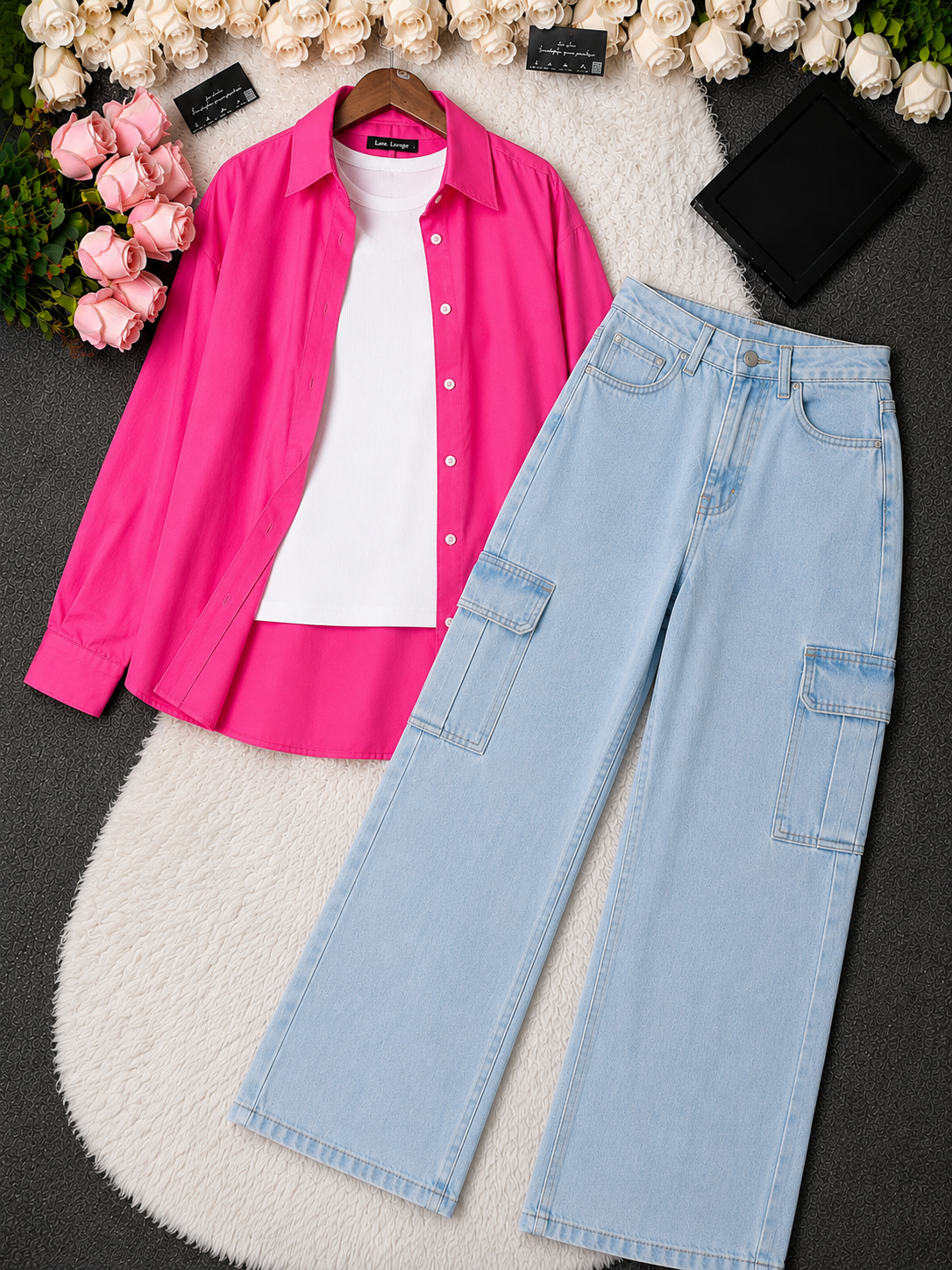 SUMMER TRIO PACK ( SHOCKING PINK BUTTON DOWN SHIRT WITH WHITE INNER AND ICE BLUE CARGO DENIM)