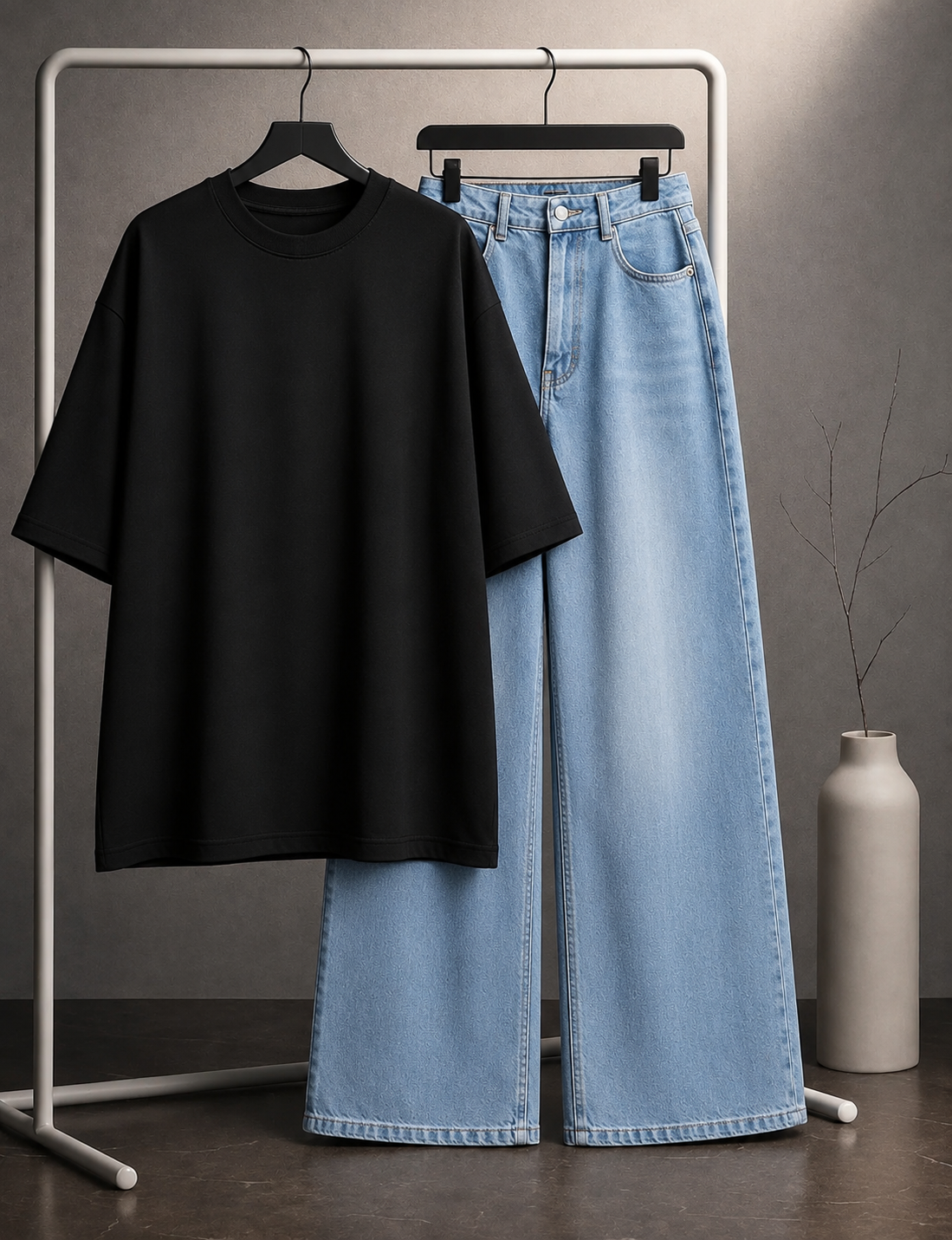 DUO PACK ( BLACK BAGGY TEE WITH ICE BLUE FADED WIDE LEG JEANS )