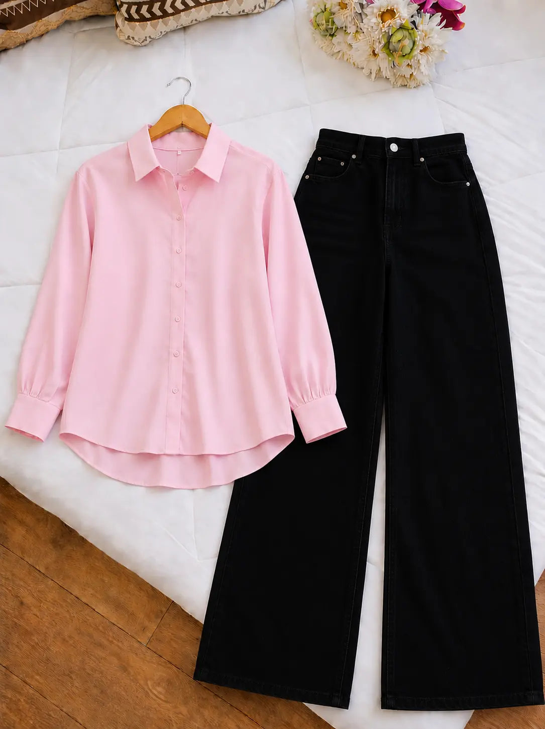 DUO PACK (BABY PINK BUTTON DOWN SHIRT WITH BLACK WIDE LEG JEANS)