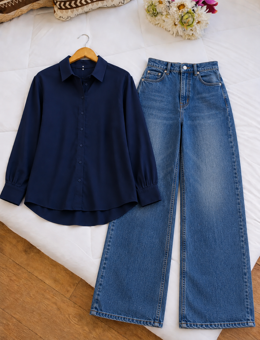 DUO PACK (NAVY BLUE BUTTON DOWN SHIRT WITH MID BLUE FADED WIDE LEG JEANS)