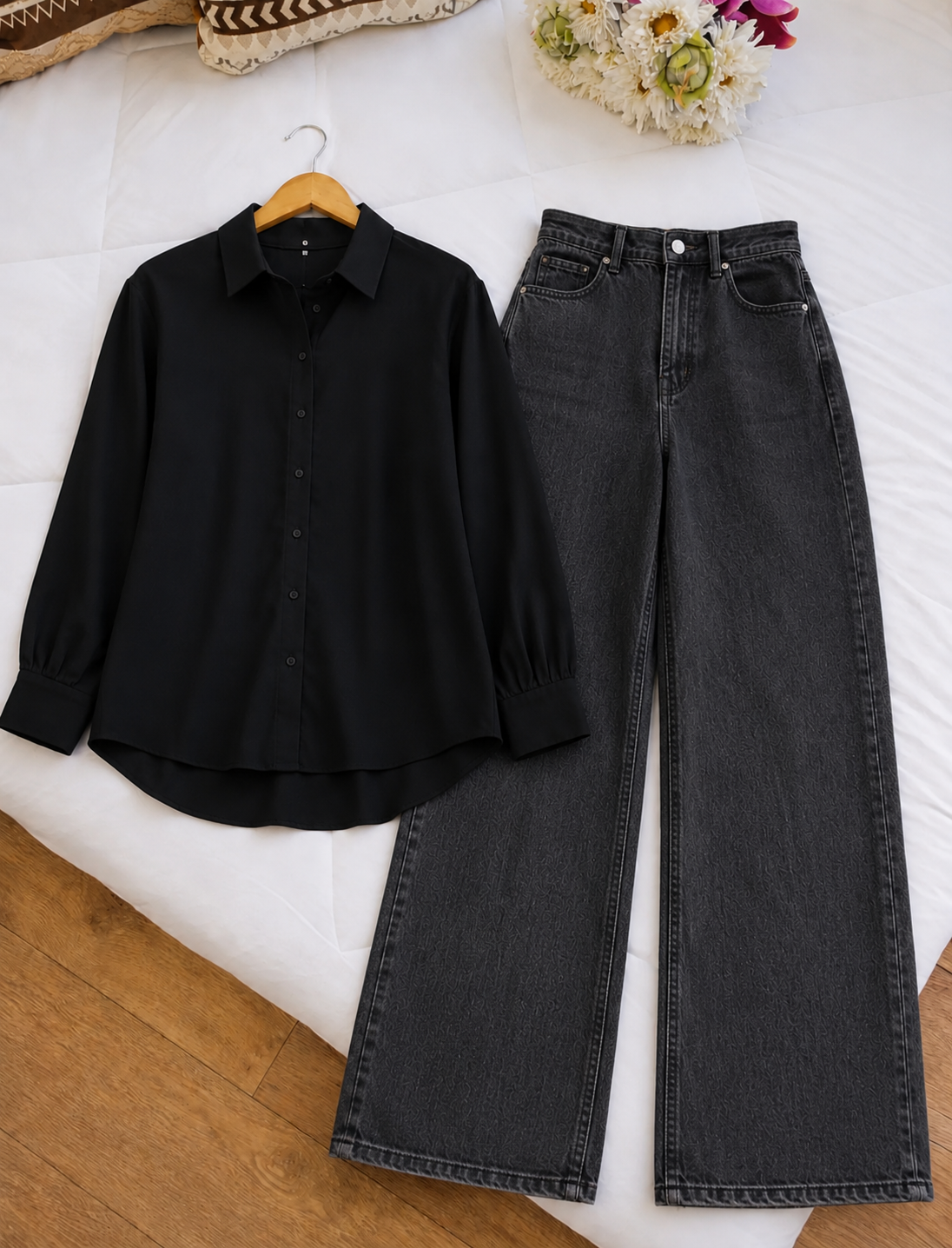 DUO PACK (BLACK BUTTON DOWN SHIRT WITH CHARCOAL GREY WIDE LEG JEANS)