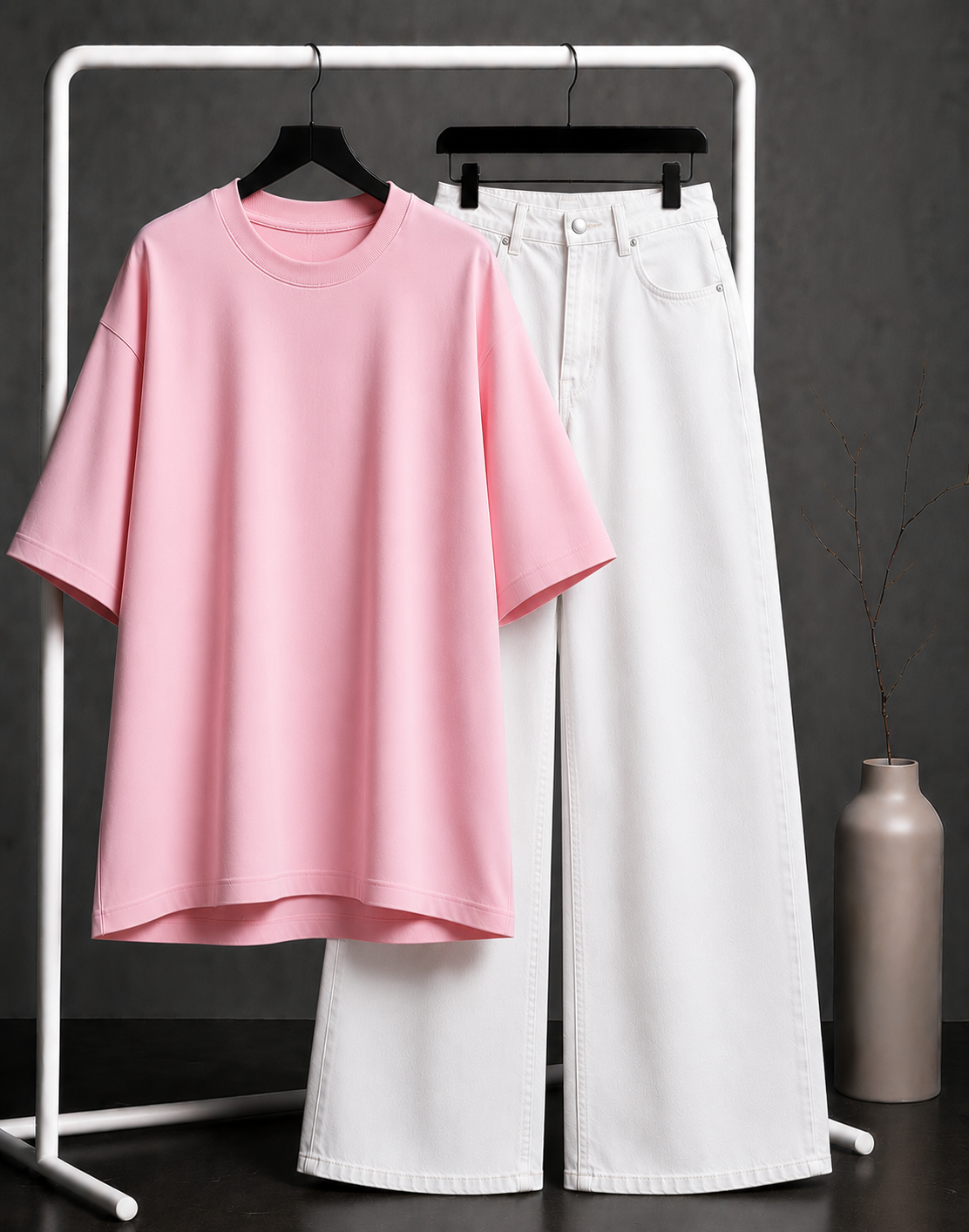 DUO PACK ( BABY PINK BAGGY TEE WITH WHITE WIDE LEG JEANS )