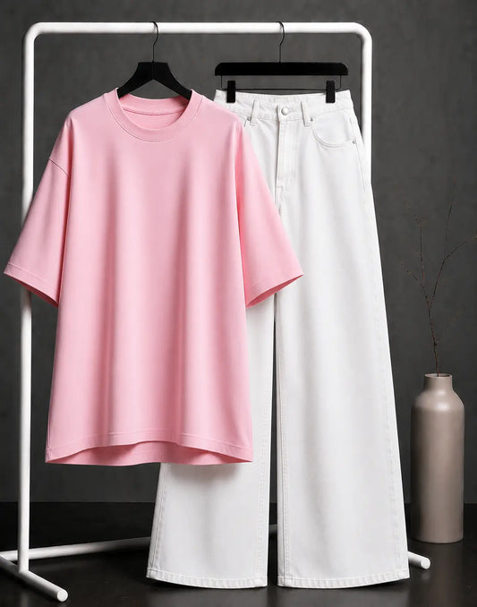 DUO PACK ( BABY PINK BAGGY TEE WITH WHITE WIDE LEG JEANS )