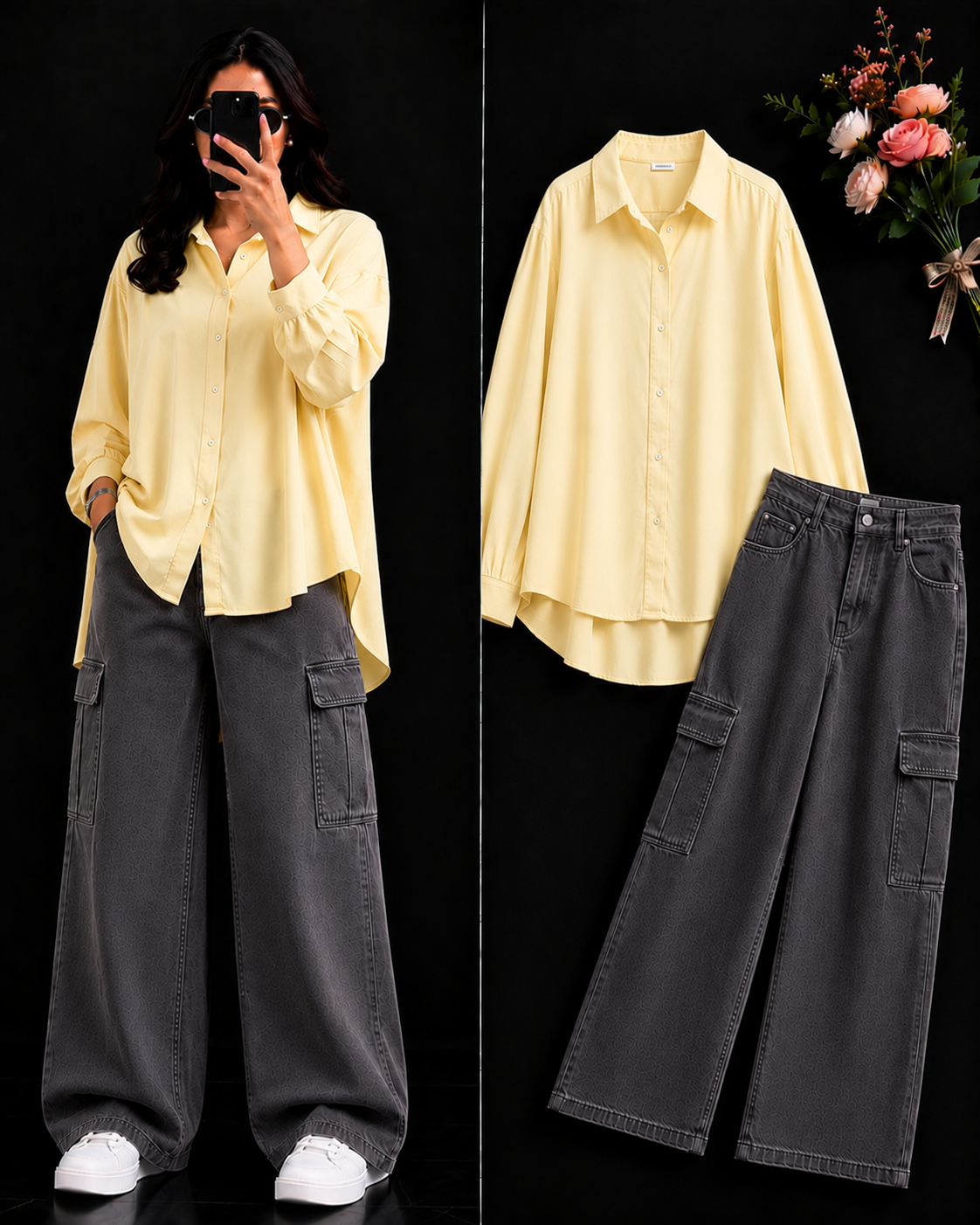 DUO PACK ( BUTTER YELLOW BUTTON DOWN SHIRT WITH CHARCOAL GREY WIDE LEG CARGO DENIM )