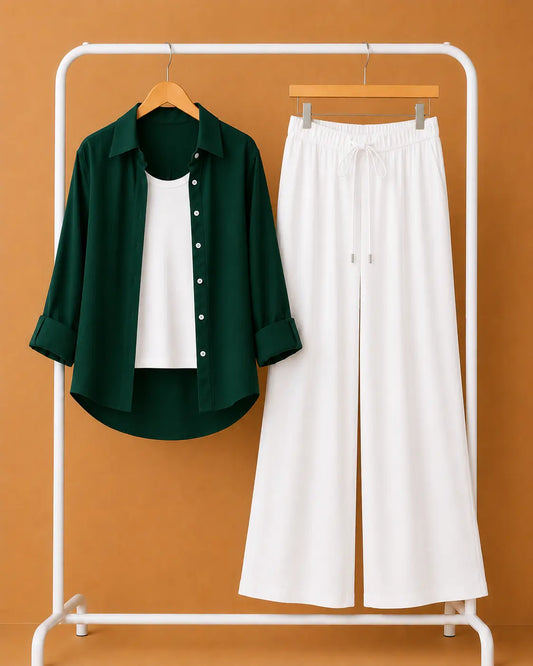 TRIO PACK ( BOTTLE GREEN BUTTON SHIRT WITH WHITE INNER AND BEIGE FLAPPER TROUSER)