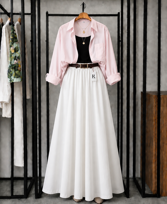 SUMMER TRIO PACK ( BABY PINK BUTTON DOWN SHIRT WITH BLACK INNER AND WHITE MAXI SKIRT )