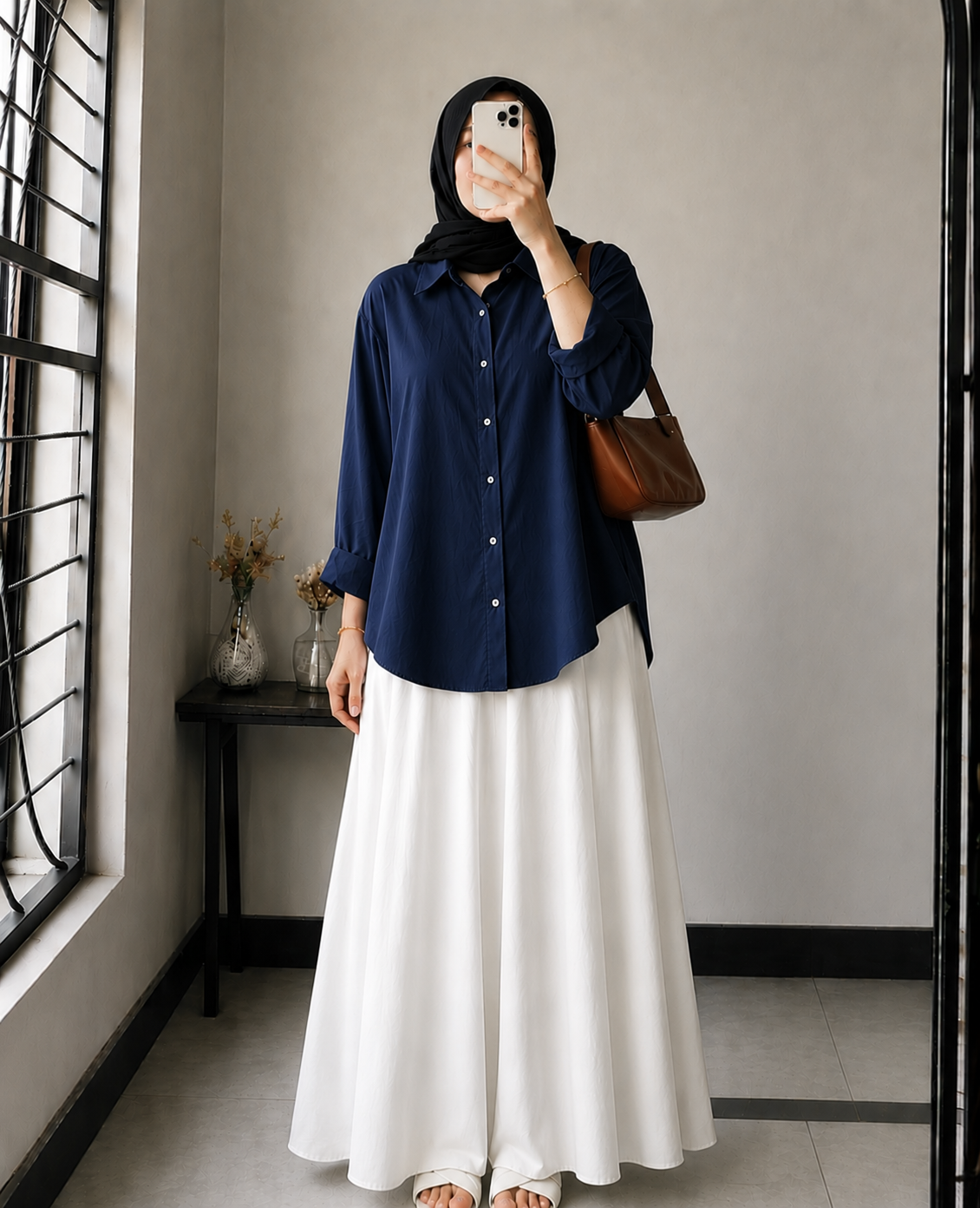 DUO PACK ( NAVY BLUE BUTTON DOWN SHIRT WITH WHITE MAXI SKIRT )