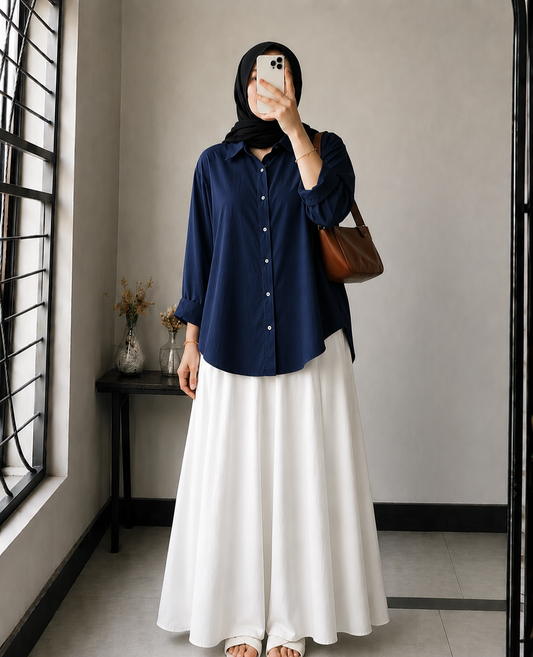 DUO PACK ( NAVY BLUE BUTTON DOWN SHIRT WITH WHITE MAXI SKIRT )