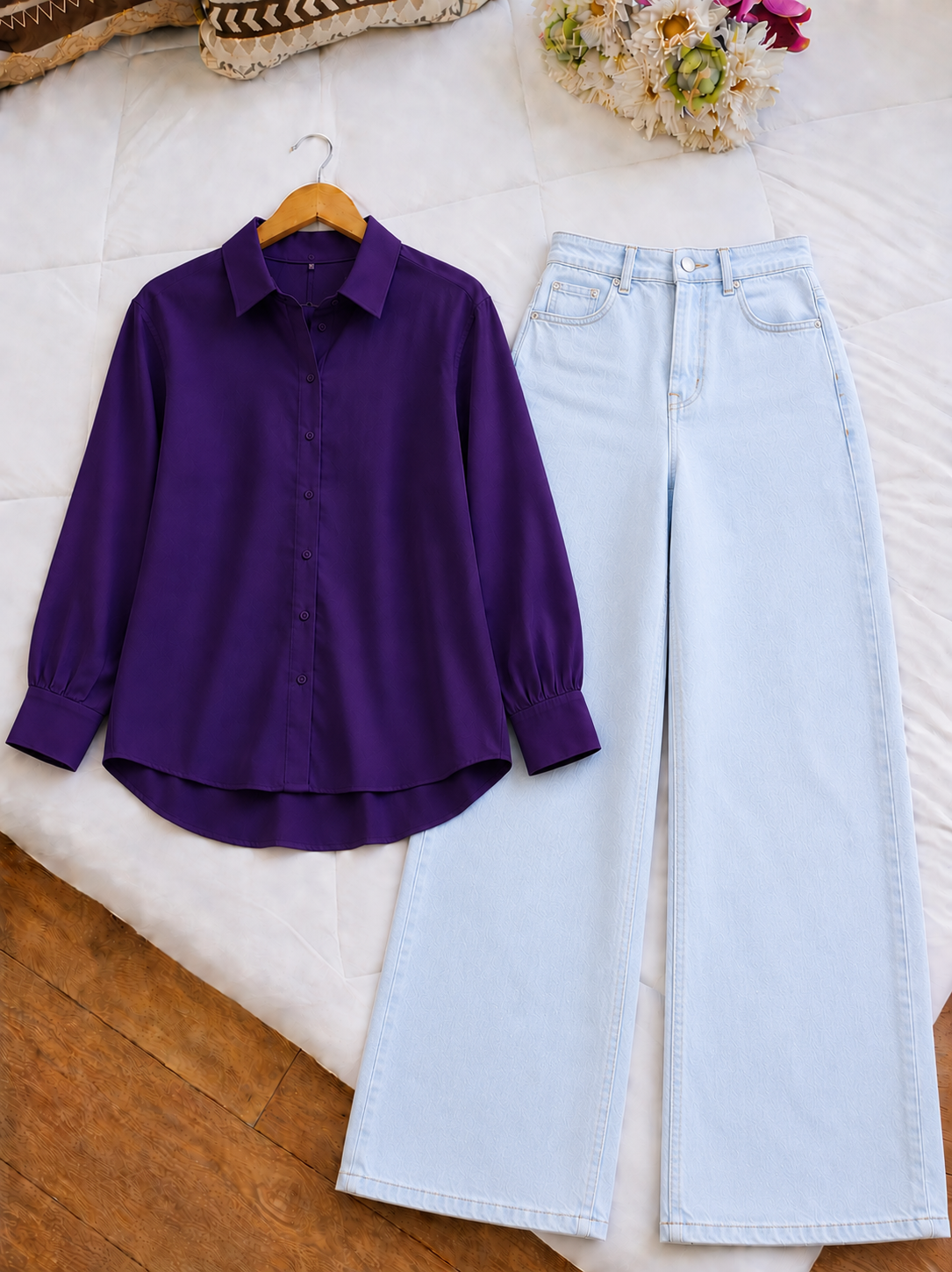 DUO PACK (DARK PURPLE BUTTON DOWN SHIRT WITH ICE BLUE WIDE LEG JEANS)