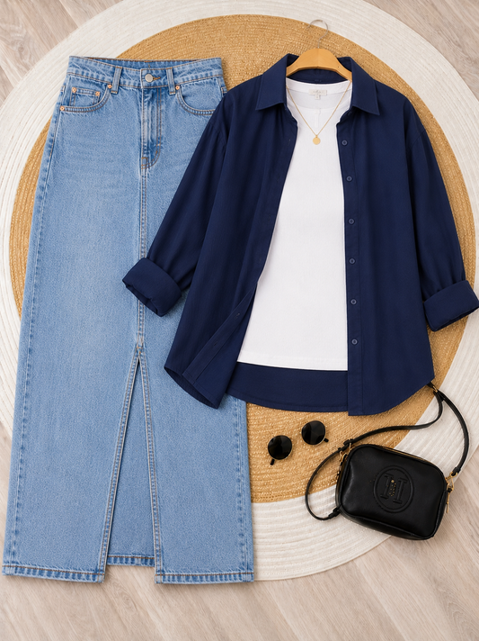 SUMMER TRIO PACK ( NAVY BLUE BUTTON DOWN SHIRT WITH WHITE INNER AND ICE BLUE DENIM SKIRT )