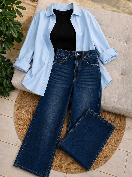 (TRIO PACK) SKY BLUE BUTTON DOWN SHIRT WITH BLACK INNER AND DARK BLUE FADED WIDE LEG JEANS