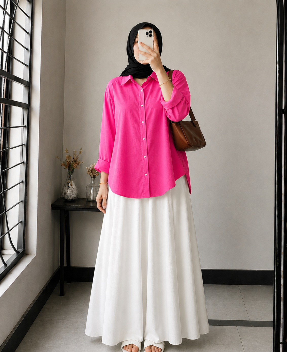 DUO PACK ( SHOCKING PINK BUTTON DOWN SHIRT WITH WHITE MAXI SKIRT )