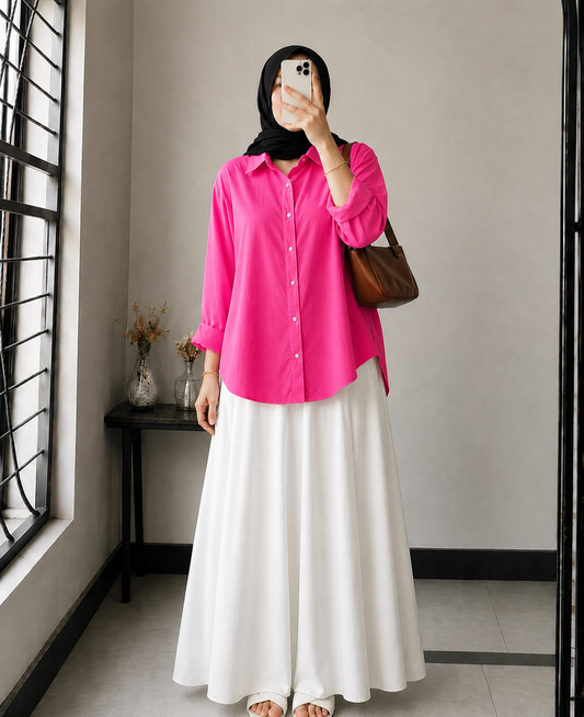 DUO PACK ( SHOCKING PINK BUTTON DOWN SHIRT WITH WHITE MAXI SKIRT )