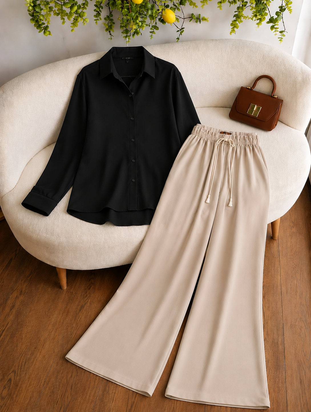 DUO PACK (BLACK BUTTON DOWN SHIRT WITH BEIGE FLAPPER TROUSER)