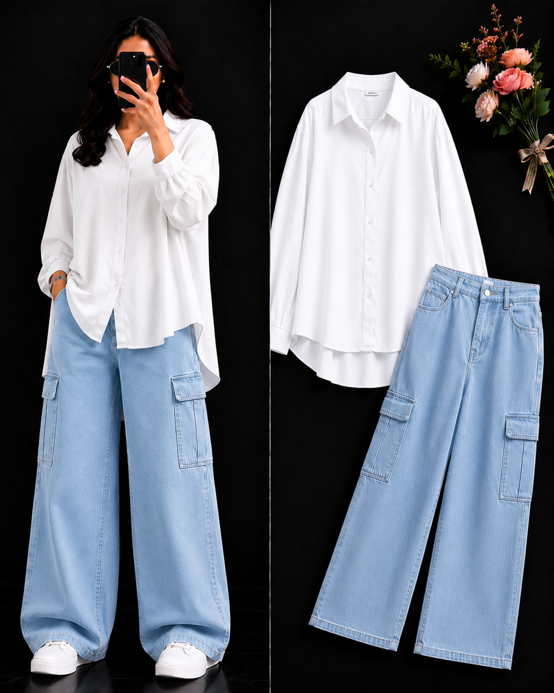 DUO PACK ( WHITE BUTTON DOWN SHIRT WITH SKY BLUE WIDE LEG CARGO DENIM )