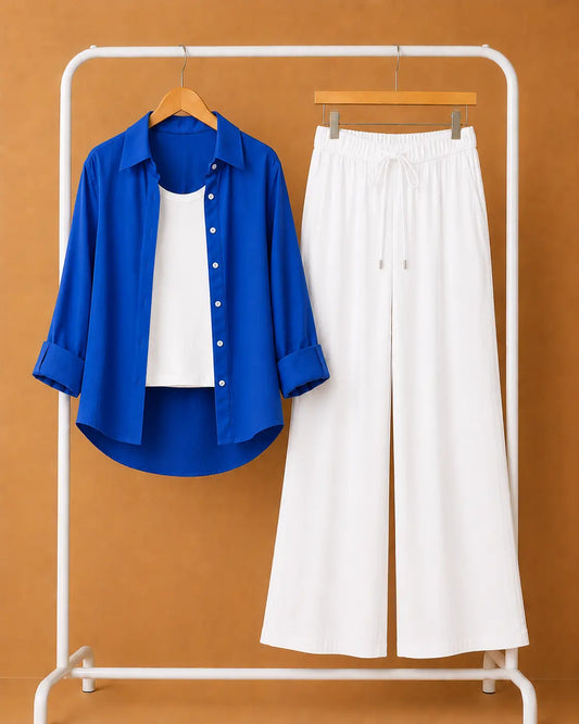 TRIO PACK ( ROYAL BLUE BUTTON DOWN SHIRT WITH WHITE INNER AND WHITE FLAPPER TROUSER)