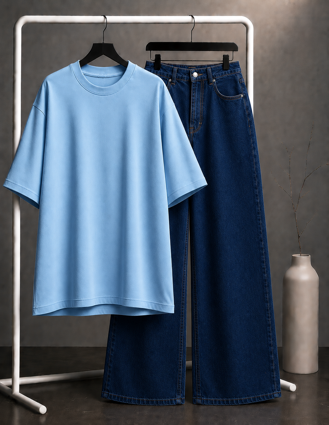 DUO PACK ( SKY BLUE BAGGY TEE WITH DARK BLUE WIDE LEG JEANS )