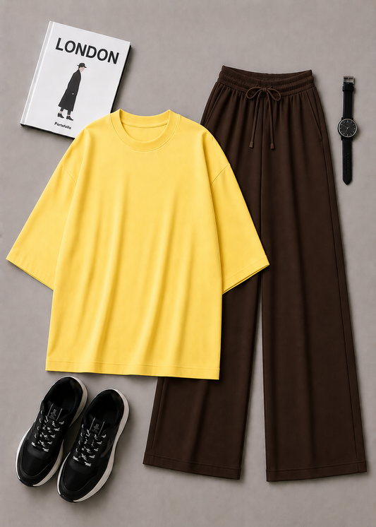 DUO PACK ( YELLOW  BAGGY TEE WITH DARK BROWN FLAPPER TROUSER)