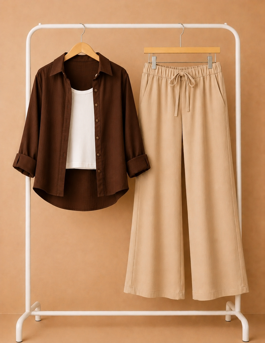 TRIO PACK ( DARK BROWN BUTTON DOWN SHIRT WITH WHITE INNER AND BEIGE FLAPPER TROUSER )
