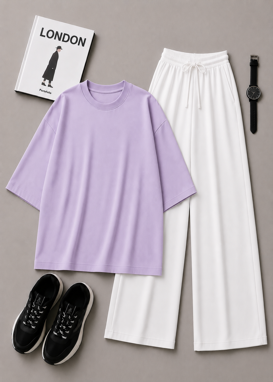 DUO PACK ( LILAC BAGGY TEE WITH WHITE FLAPPER TROUSER )