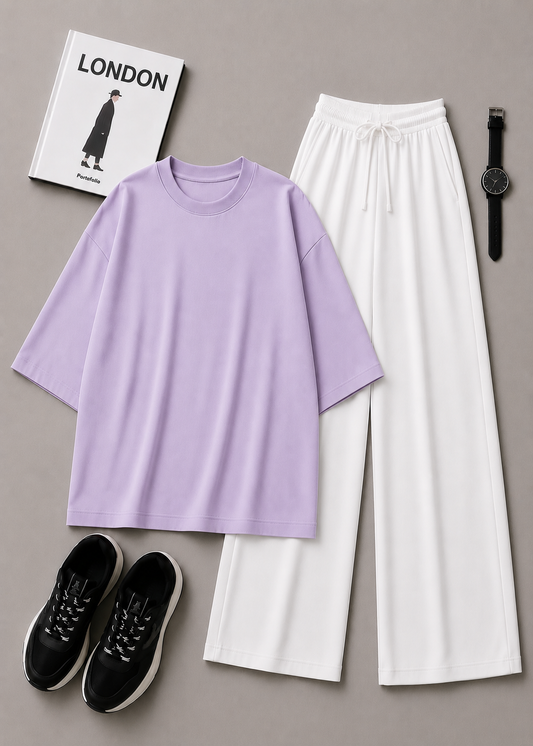 DUO PACK ( LILAC BAGGY TEE WITH WHITE FLAPPER TROUSER )