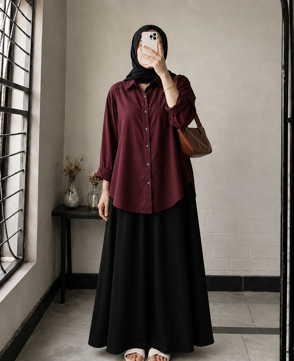 DUO PACK ( MAROON BUTTON DOWN SHIRT WITH BLACK MAXI SKIRT )