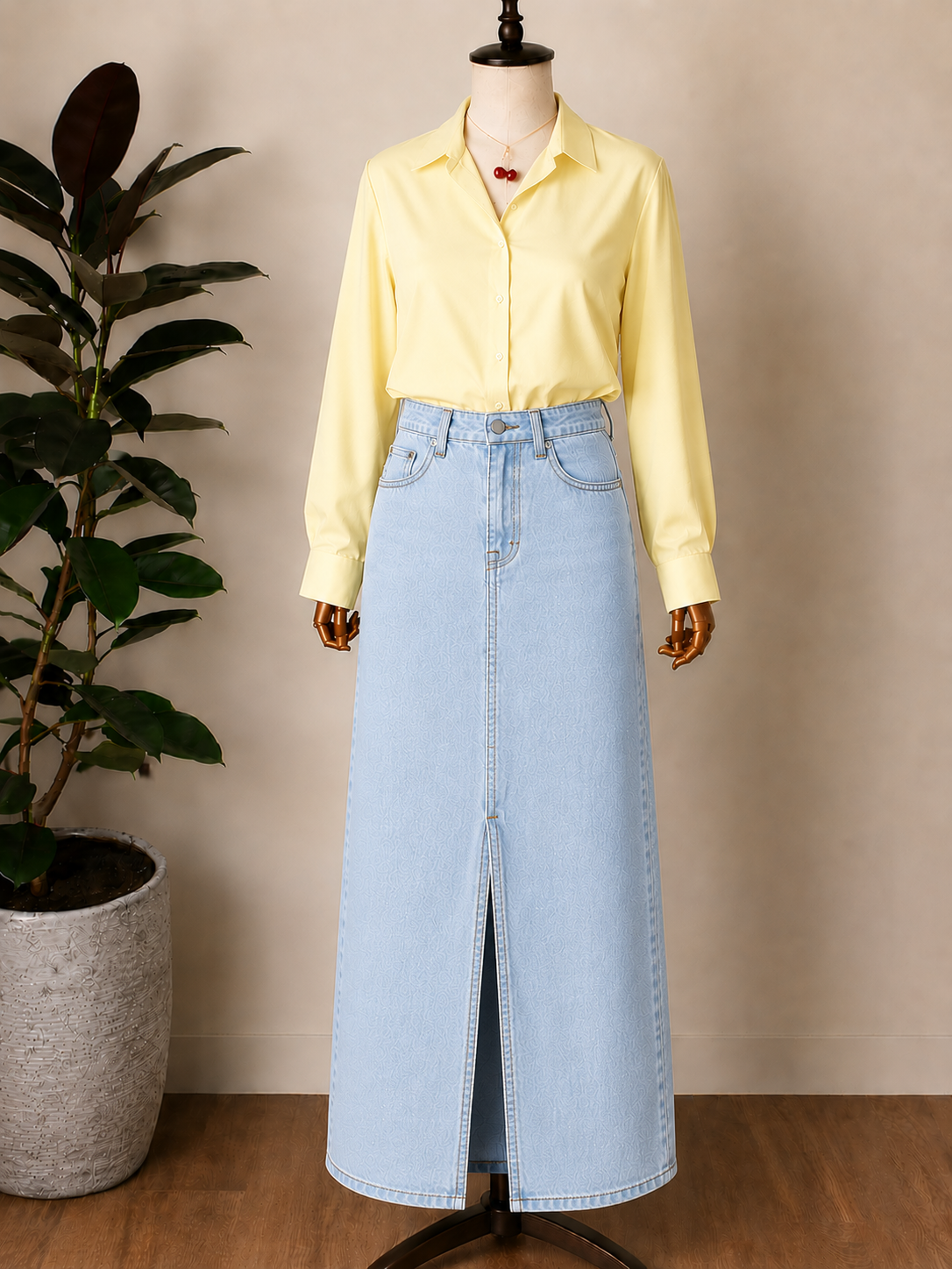 DUO PACK ( BUTTER YELLOW BUTTON DOWN SHIRT WITH ICE BLUE DENIM SKIRT )
