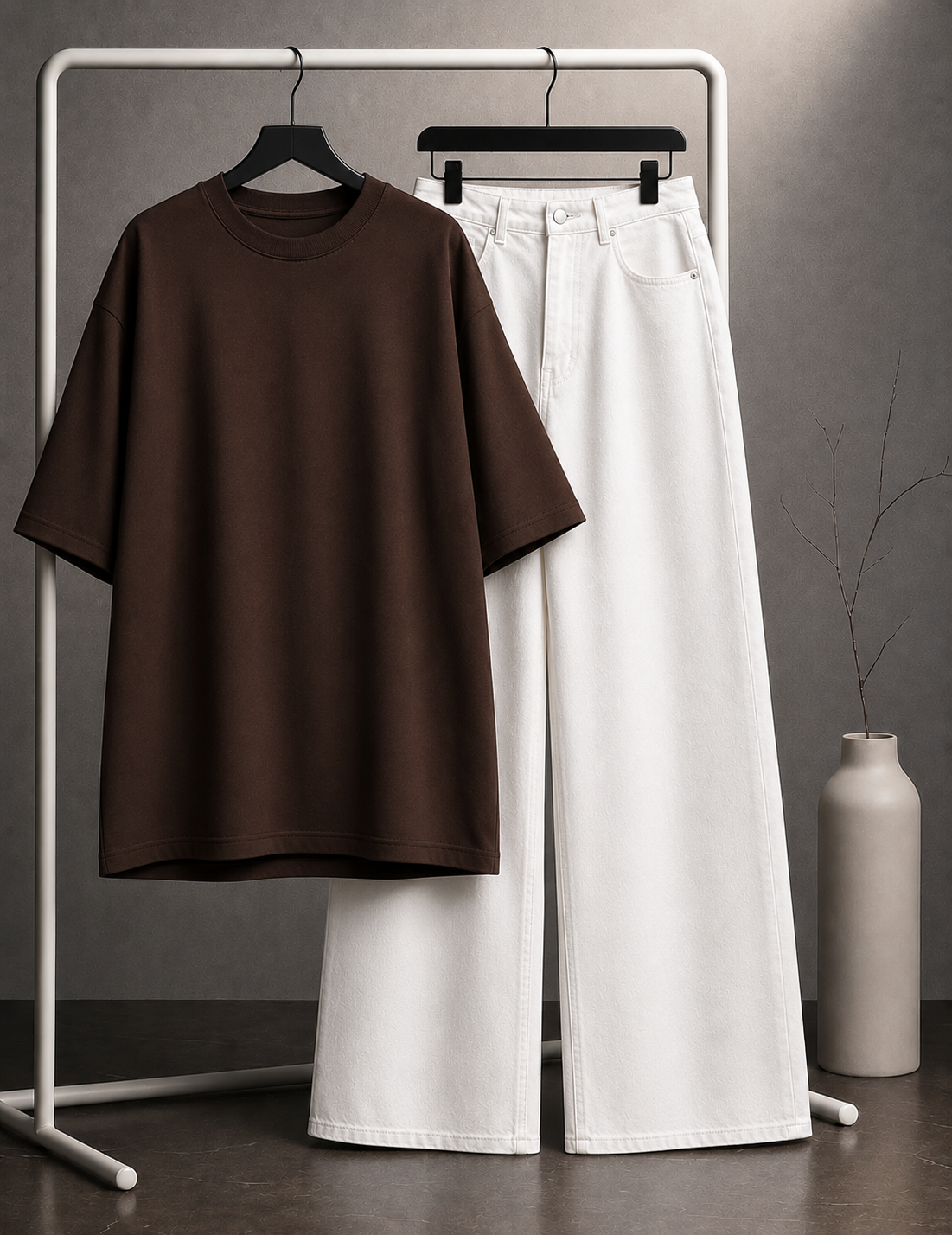 DUO PACK ( DARK BROWN BAGGY TEE WITH WHITE WIDE LEG JEANS )