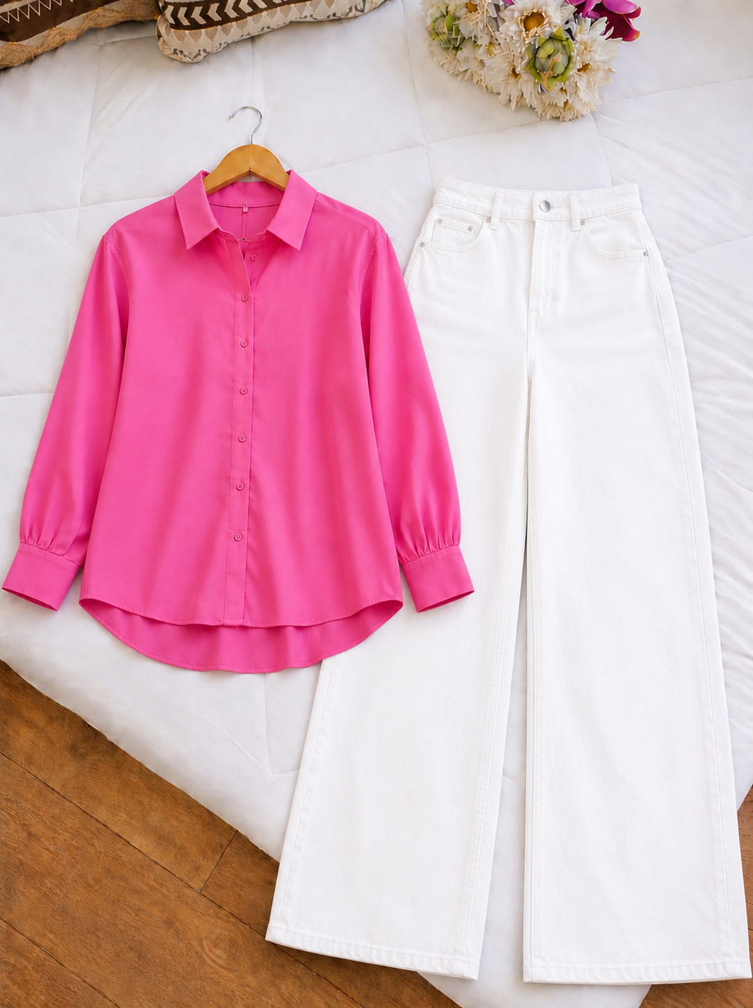 DUO PACK (SHOCKING PINK BUTTON DOWN SHIRT WITH WHITE WIDE LEG JEANS)