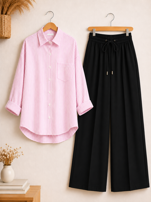 DUO PACK ( WHITE AND PINK STRIPES BUTTON DOWN SHIRT WITH BLACK FLAPPER TROUSER )