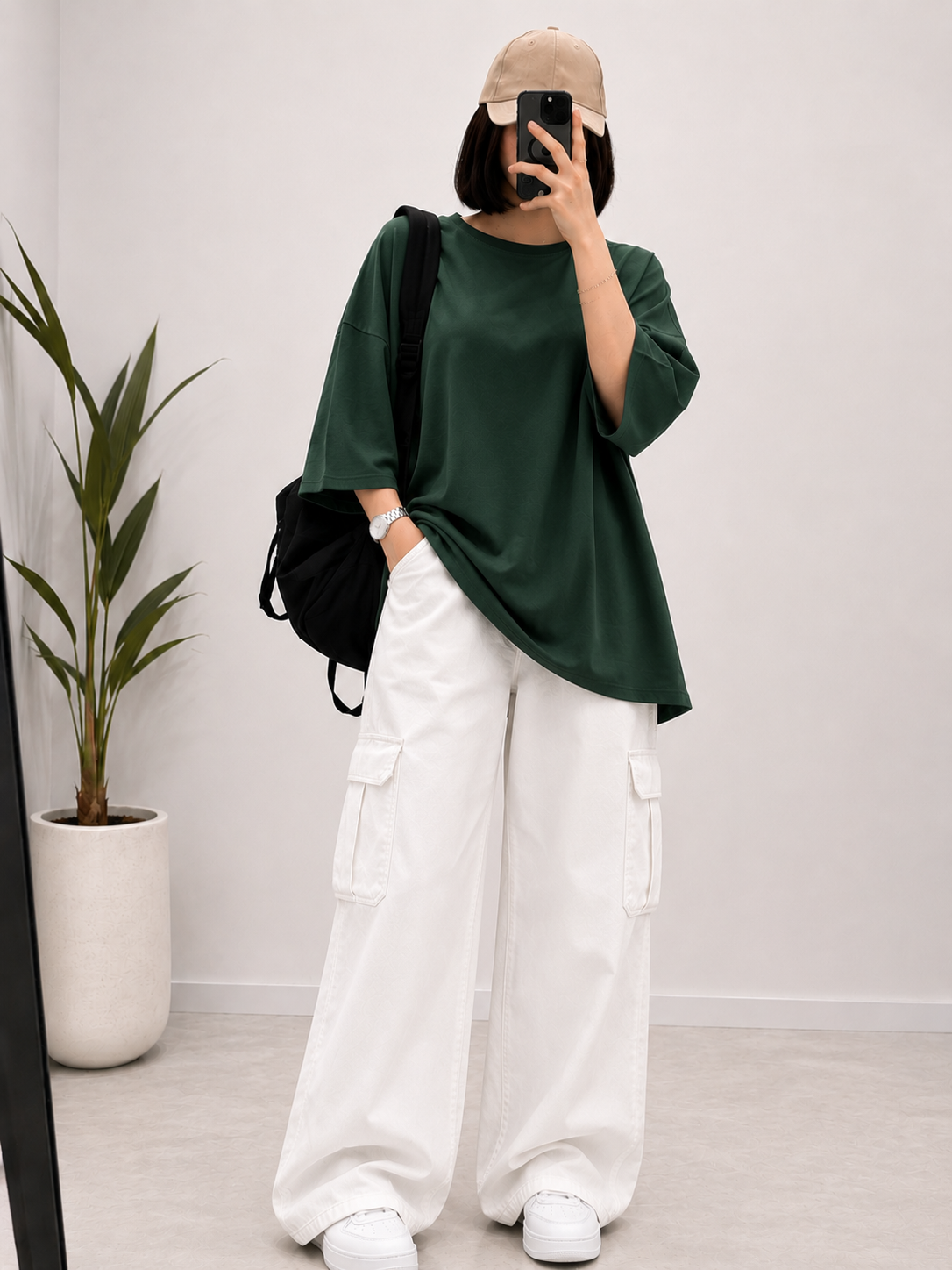 DUO PACK ( BOTTLE GREEN BAGGY TEE WITH WHITE CARGO WIDE LEG JEANS )