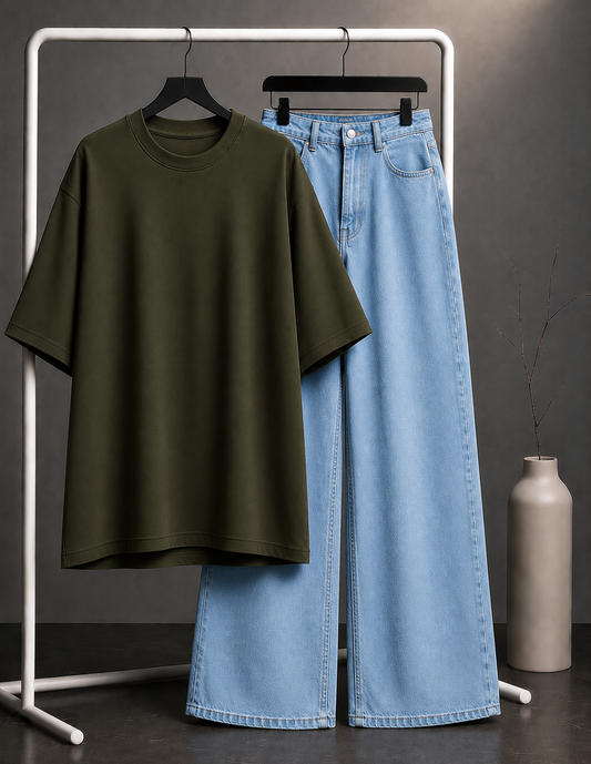 DUO PACK ( OLIVE GREEN BAGGY TEE WITH SKY BLUE WIDE LEG JEANS )
