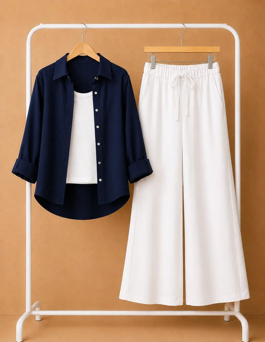 TRIO PACK ( NAVY BLUE BUTTON DOWN SHIRT WITH WHITE INNER AND WHITE FLAPPER TROUSER)