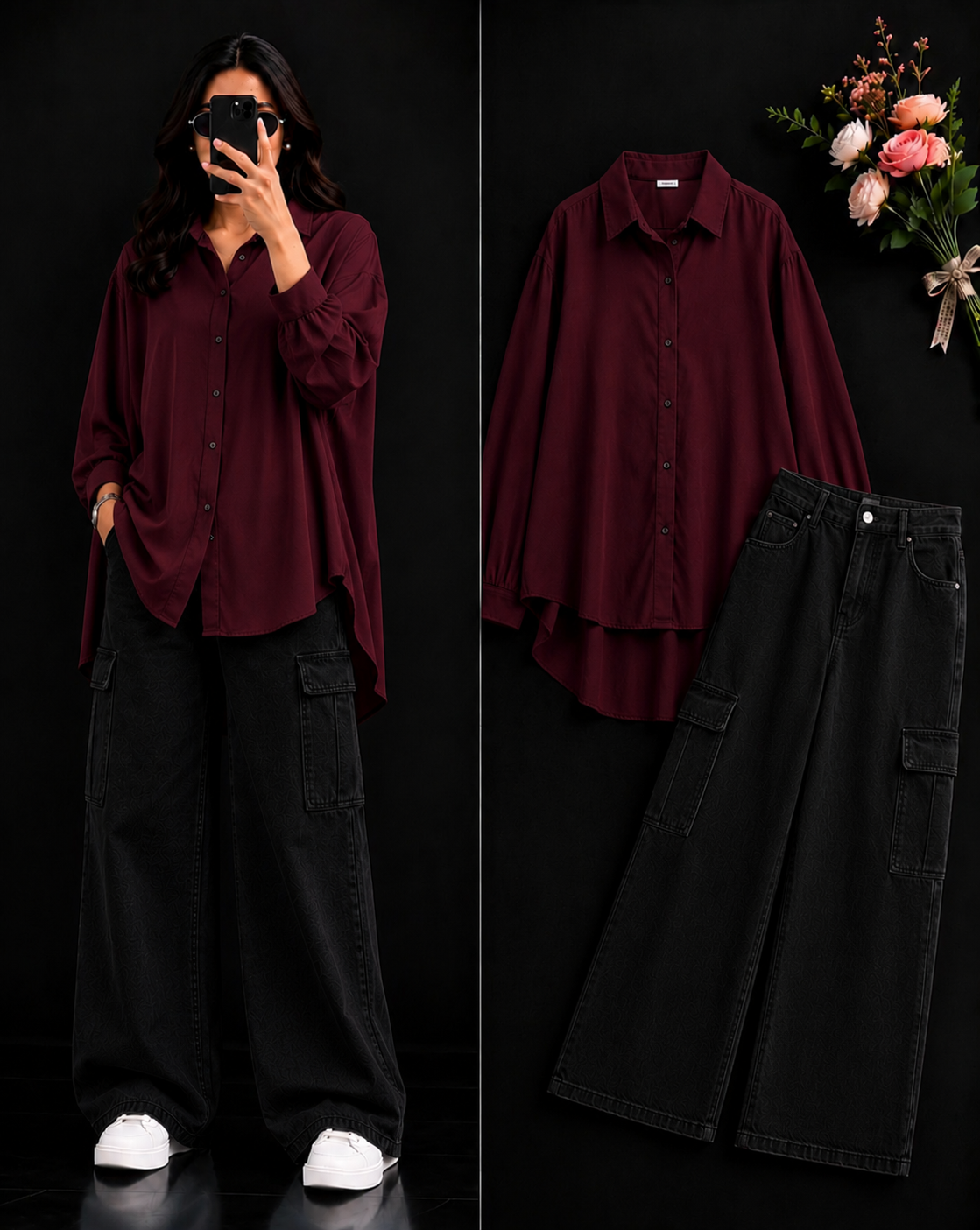 DUO PACK ( MAROON BUTTON DOWN SHIRT WITH BLACK WIDE LEG CARGO DENIM )