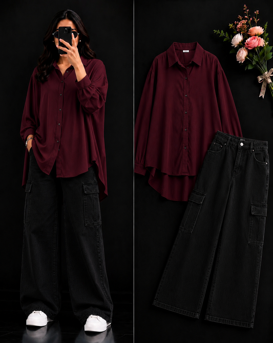 DUO PACK ( MAROON BUTTON DOWN SHIRT WITH BLACK WIDE LEG CARGO DENIM )