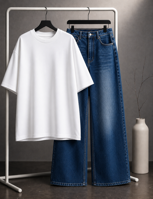 DUO PACK ( WHITE BAGGY TEE WITH DARK BLUE FADED WIDE LEG JEANS )