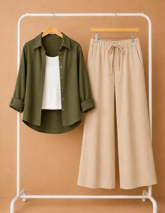 TRIO PACK ( OLIVE GREEN BUTTON DOWN SHIRT WITH WHITE INNER AND BEIGE FLAPPER TROUSER)