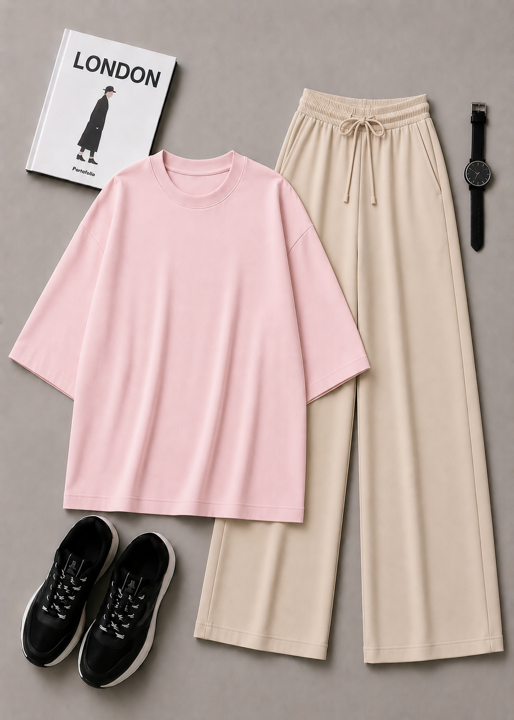 DUO PACK ( BABY PINK BAGGY TEE WITH BEIGE FLAPPER TROUSER )