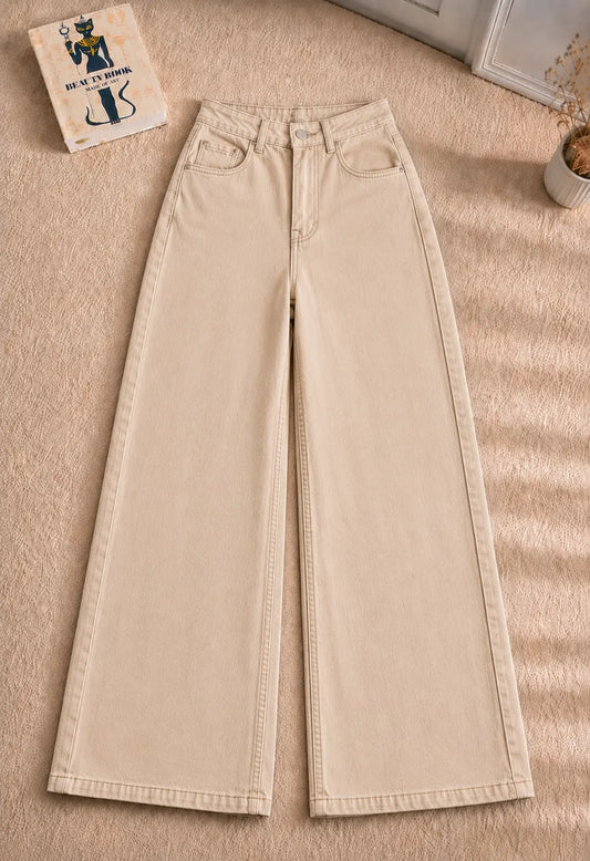 BEIGE WIDE LEG BAGGY JEANS